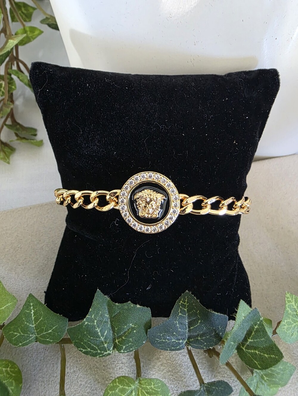 Gold Filled Medusa Head Curb Chain Bracelet | Enamel Rhinestone